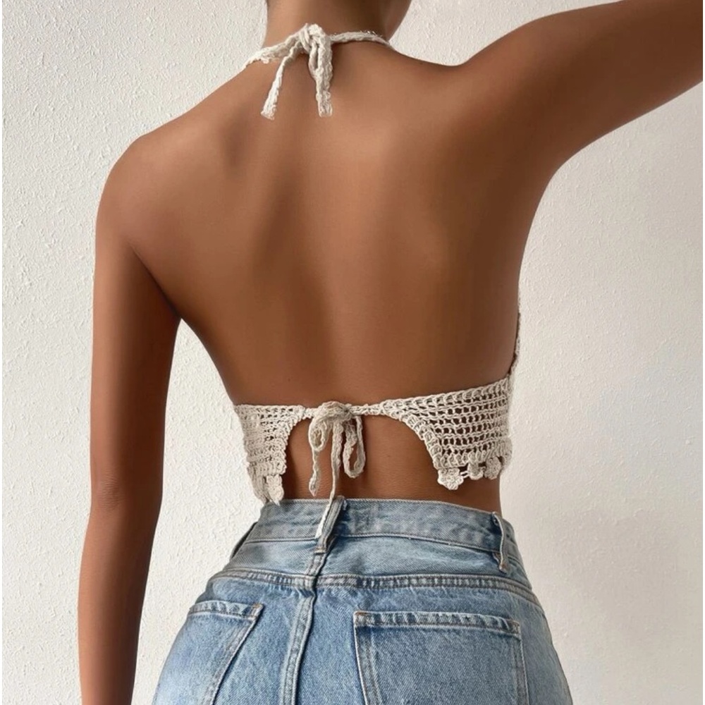 Hollow Out Bandana Hem Tie Backless Halter Tankini Top - NWT - Picture 3 of 8